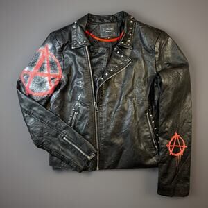 Custom Punk Studded Moto Jacket Anarchy Graffiti Faux Leather Women’s L -672